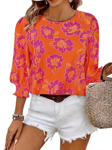 3/4-Sleeve Round Neck Blouse II, Orange Purple Flower
