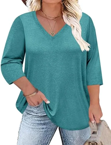 3/4-Sleeve V-Neck Tunic Top, Blue Green