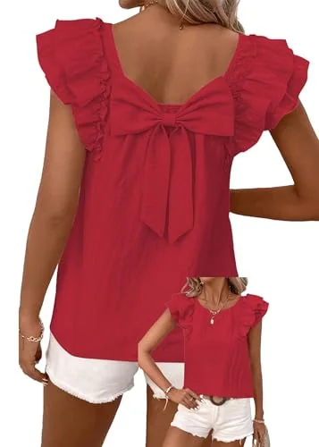 Short-Sleeve Crew Neck Blouse, Red