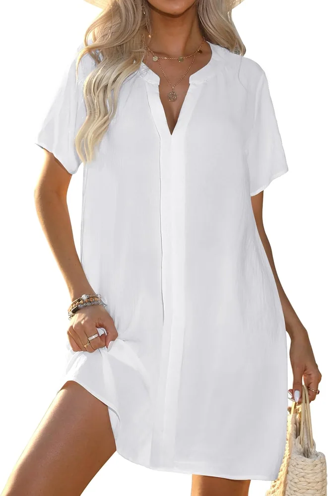 Short-Sleeve V-Neck Swim Cover-Up, White