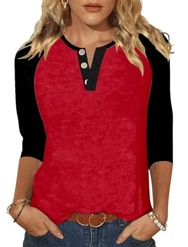 3/4-Sleeve Round Neck Baseball Tee, Black Red