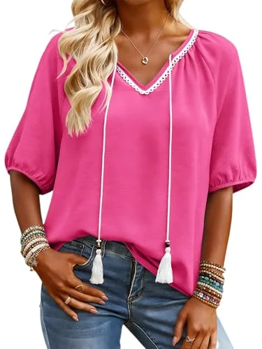 Short-Sleeve V-Neck Blouse, Hot Pink