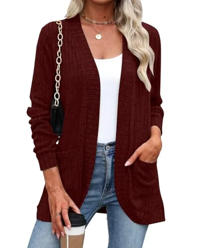 Long-Sleeve Cardigan, Wine Red