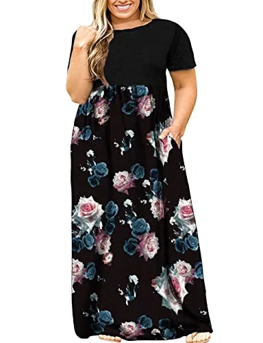Round Neck Maxi Dress, Patchwork Pink