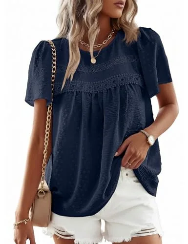 Short-Sleeve Crew Neck Top, Navy Blue