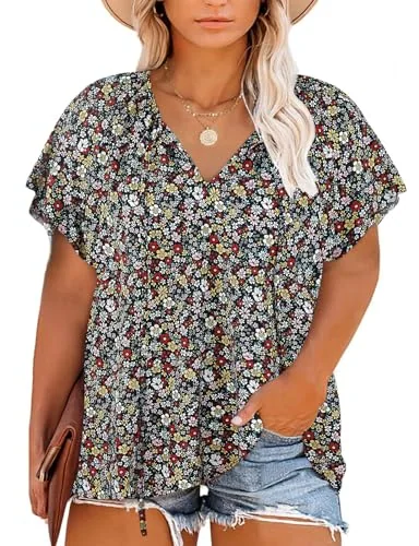 V-Neck Top, Black Floral