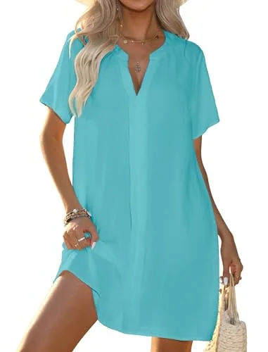 Short-Sleeve V-Neck Swim Cover-Up, Blue Green