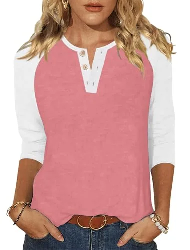 3/4-Sleeve Round Neck Baseball Tee, Coral