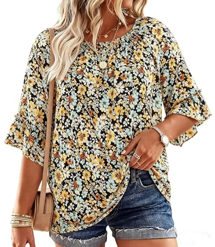 3/4-Sleeve Round Neck Top, Orange Floral