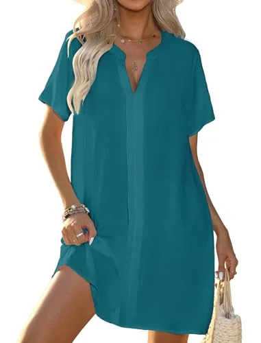 V-Neck Cover-Up Dress, Teal Blue