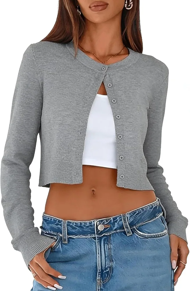 Long-Sleeve Crew Neck Cropped Cardigan II, Light Grey