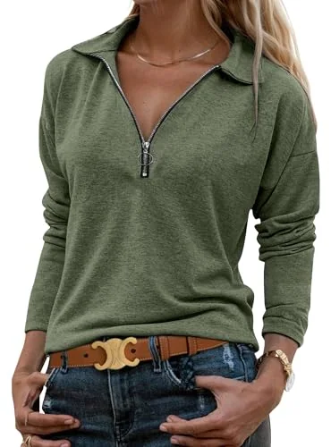 Long-Sleeve Collar Top, Army Green