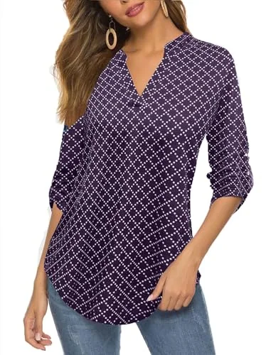 3/4-Sleeve Henley Tunic Top, Plaid Dark Purple