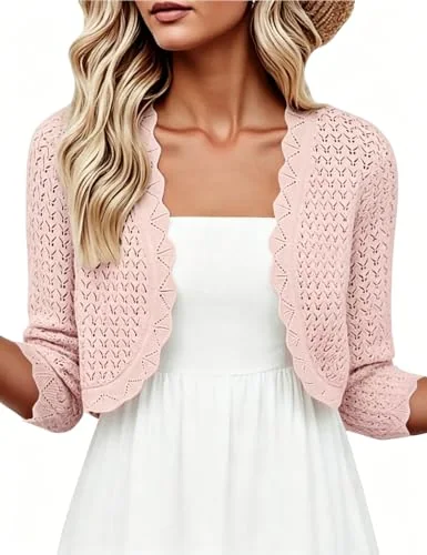3/4-Sleeve Cropped Cardigan, Muted Pink