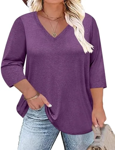 3/4-Sleeve V-Neck Top, Purple