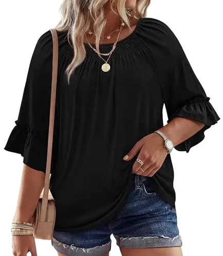 3/4-Sleeve Round Neck Top, Black