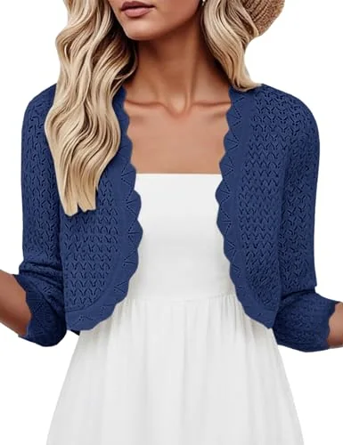 3/4-Sleeve Cropped Cardigan, Navy Blue