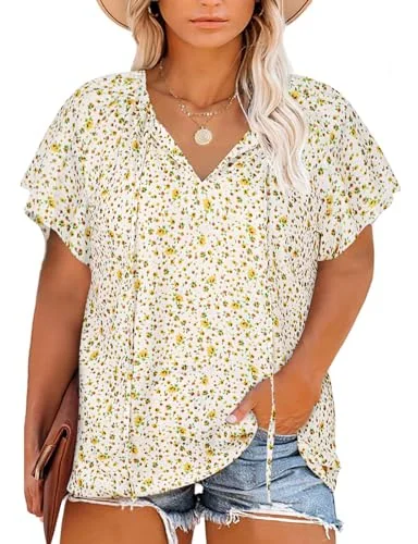 V-Neck Blouse II, White Yellow Floral
