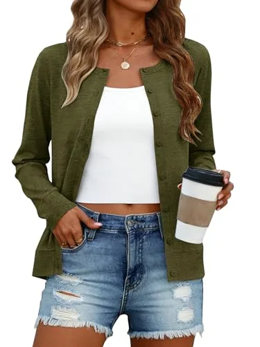 Long-Sleeve Crew Neck Cardigan, Olive Green