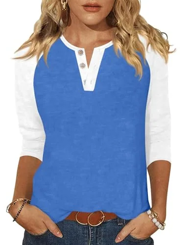 3/4-Sleeve V-Neck Baseball Tee, Blue White