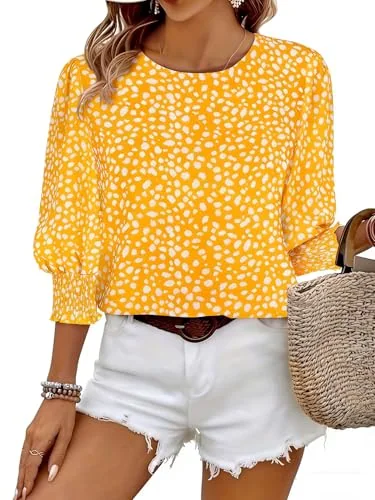 3/4-Sleeve Crew Neck Top, Yellow