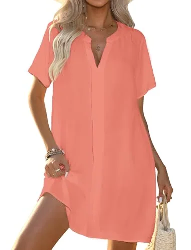 Short-Sleeve V-Neck Cover-Up Dress, Coral