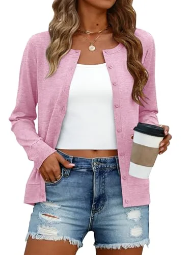 Long-Sleeve Crew Neck Duster Cardigan, Pink