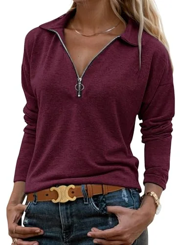 Long-Sleeve Collar Top, Wine Red