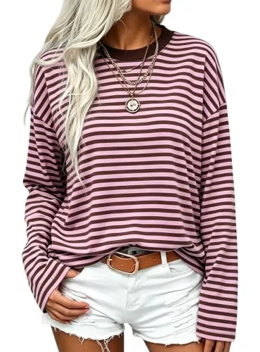 Long-Sleeve Crew Neck Tee, Pink Brown Stripe