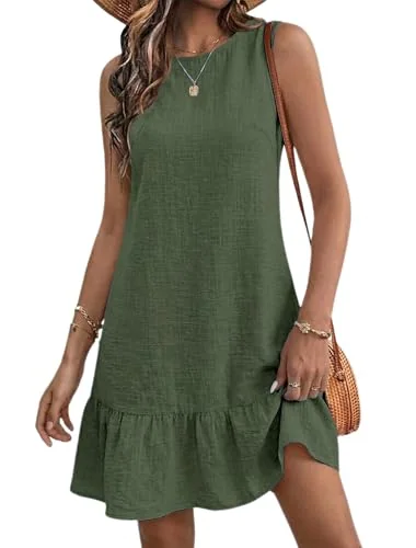 Sleeveless Crew Neck Mini Dress, Army Green