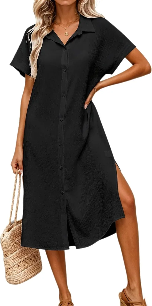 Short-Sleeve Button-up Cover-Up, Black