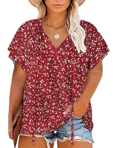 V-Neck Tunic Top, Red Floral