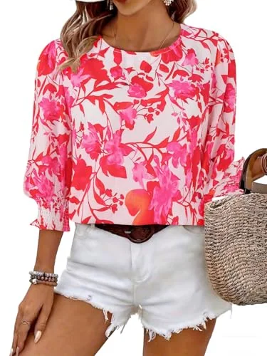 3/4-Sleeve Round Neck Top II, White Red Flower