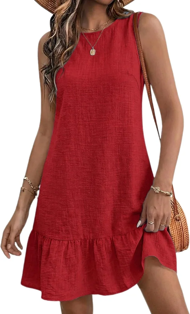 Sleeveless Crew Neck Dress, Red