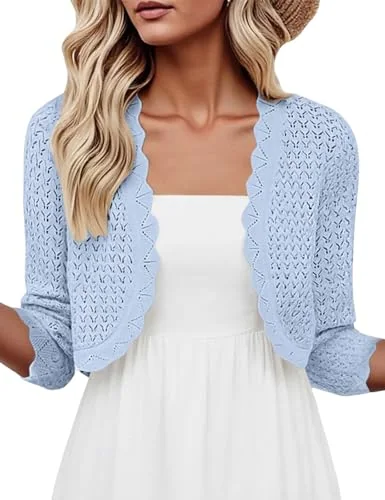 3/4-Sleeve Cropped Cardigan, Blue