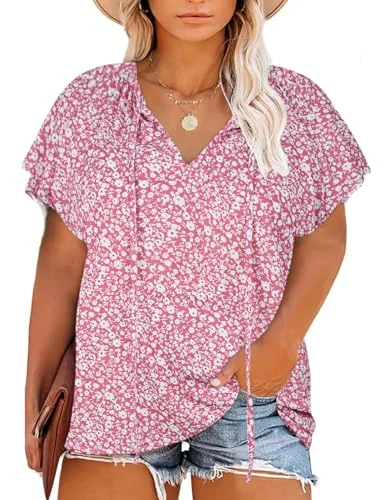 Short-Sleeve V-Neck Tunic Top II, Pink Floral