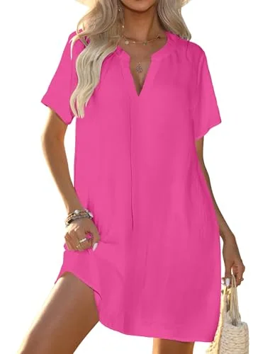 Short-Sleeve V-Neck Mini Dress, Hot Pink