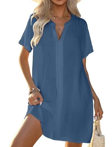 V-Neck Cover-Up Shirt, Haze Blue