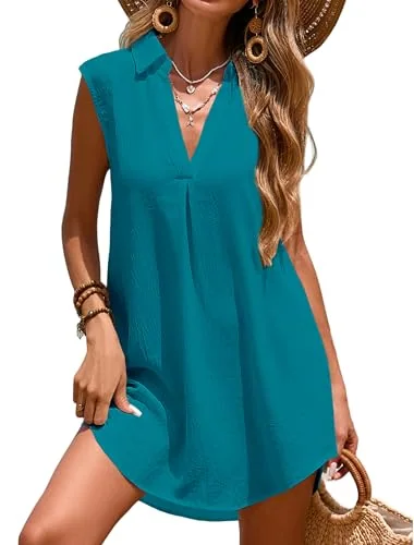 Sleeveless Collar Swim Cover-Up, Teal Blue