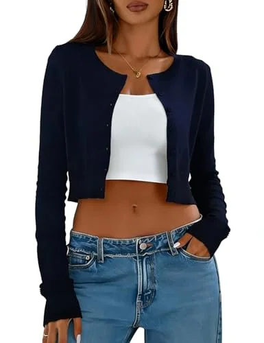 Long-Sleeve Crew Neck Cropped Cardigan II, Navy Blue