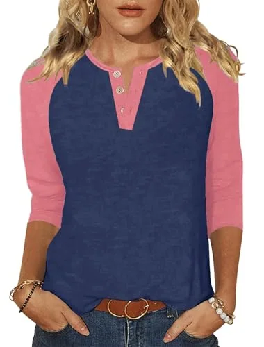 3/4-Sleeve Round Neck Baseball Tee, Navy Pink