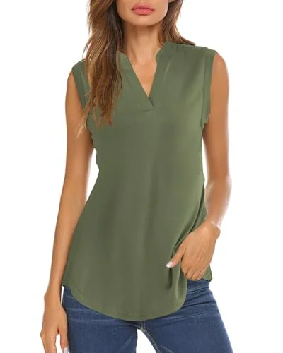 Sleeveless Henley Top, Army Green