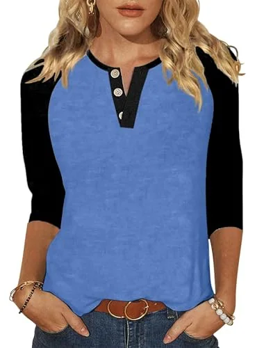 3/4-Sleeve Round Neck Baseball Tee, Black Blue