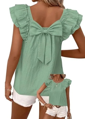 Cap-Sleeve Crew Neck Blouse, Green