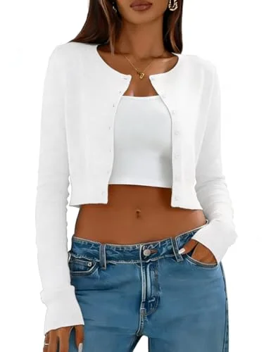 Long-Sleeve Crew Neck Cropped Cardigan II, White