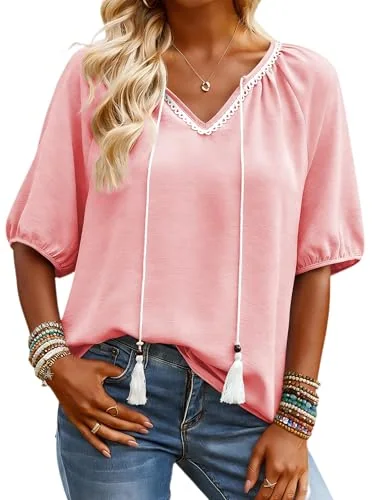 Short-Sleeve V-Neck Blouse, Light Pink