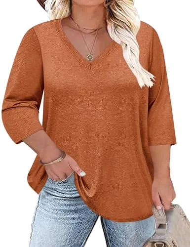 3/4-Sleeve V-Neck Tunic Top, Burnt Orange